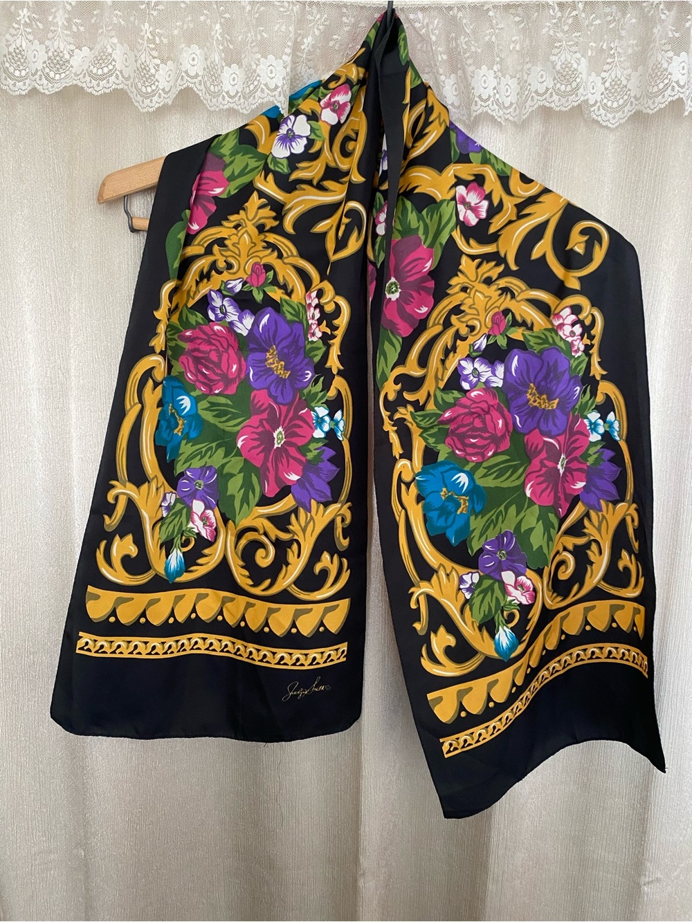 Jaclyn Smith Floral Baroque Scarf Black Gold 50” x 10”